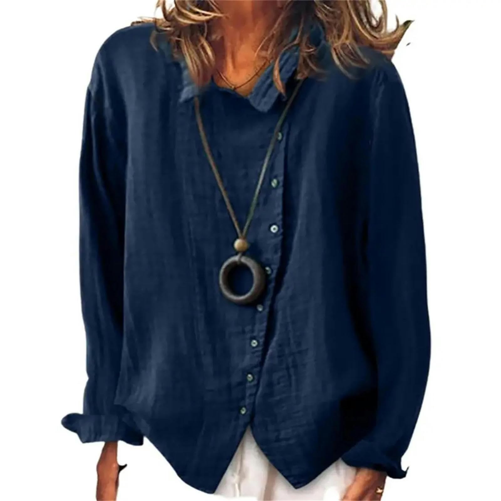 Camicia Donna Elegante Camicie Casual di Colore Solido Donne Camicie in Lino A Maniche Lunghe Autunnali per Donne Tunic Top Ladies Camicie-Bianco-2Xl