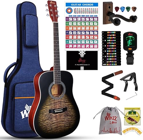 WINZZ Kit de guitarra acústica de 41 pulgadas para principiantes, paquete de iniciación de guitarra para adultos de tamaño completo 44 con lecciones