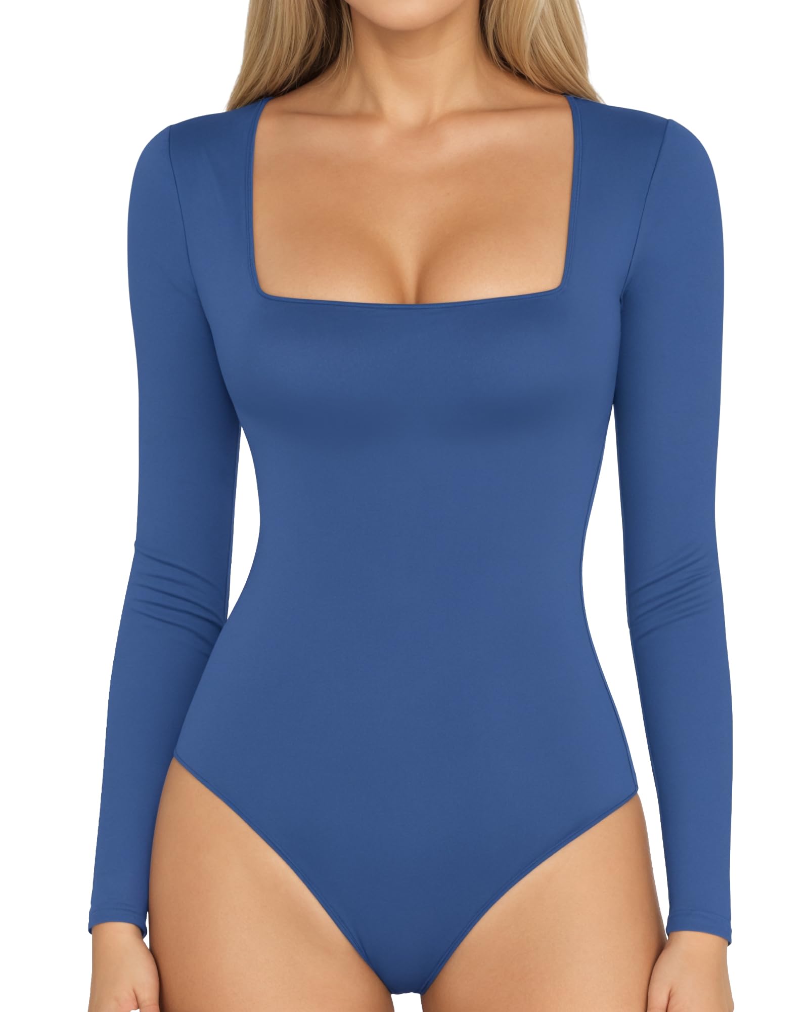 MANGOPOP Women's Square Neck Bodysuit Shirt Long Sleeve Short Sleeve Tops