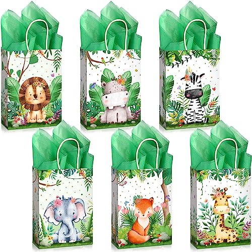 Pajean 36 Safari Bags and Tissue Set Include Jungle Party Favor Safari Goodie Bags Woodland Animal Print Gift Bags Wild One Treat Bags for Themed Birthday Baby Shower Party Supplies