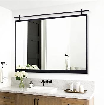 50"x37" Large Black Mirror for Bathroom, Decorative Wall Mirror for Vanity, Barn Door Metal Frame for Farmhouse Dining Room, Living Room, Entryway, Bedroom, Horizontal