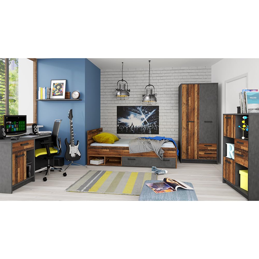 Lomadox Jugendzimmer Komplett-Set mit Bett 90x200, Schreibtisch, Arbeitsplatz, Kleiderschrank, Highboard, Regal, Kinderzimmer Möbel in grau mit Holz