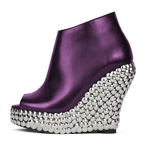 FSJ Women Stylish Peep Toe Wedge High Heel Ankle Boots with Studs Platform Side Zip Fashion Booties Party