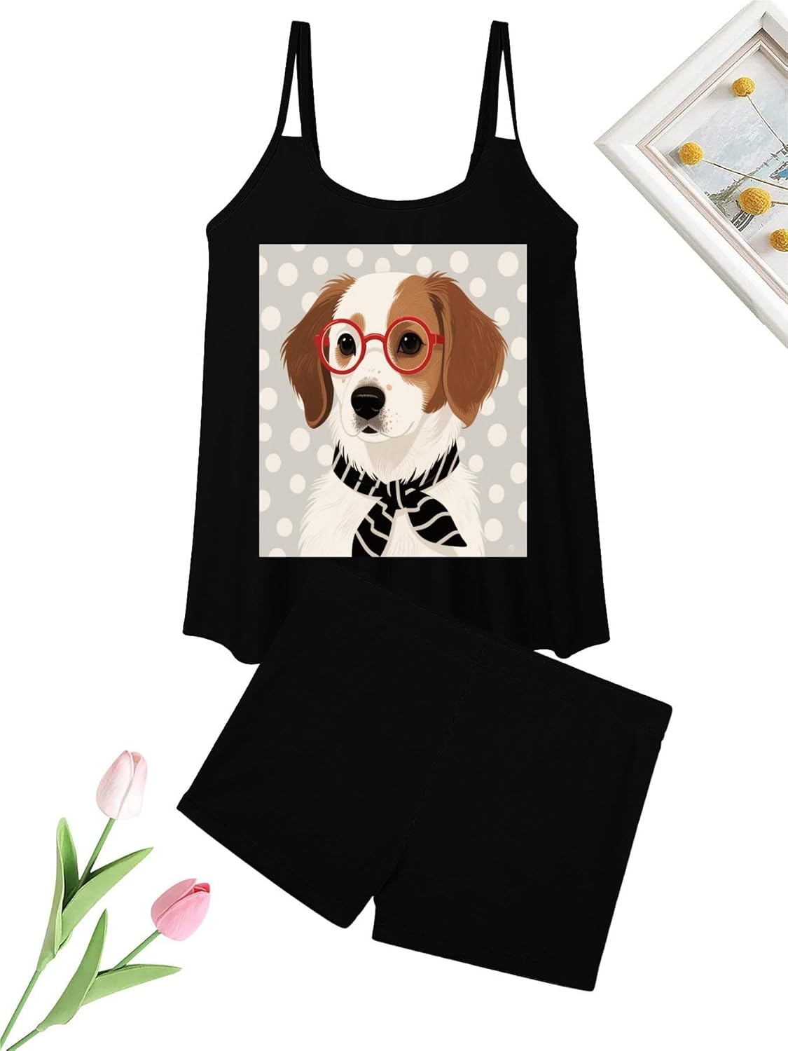 Hipster Portrait Dog Tankini Swimsuits for Women Tummy Control Two Piece Bathing Suits Swim Tops with Boy Shorts
