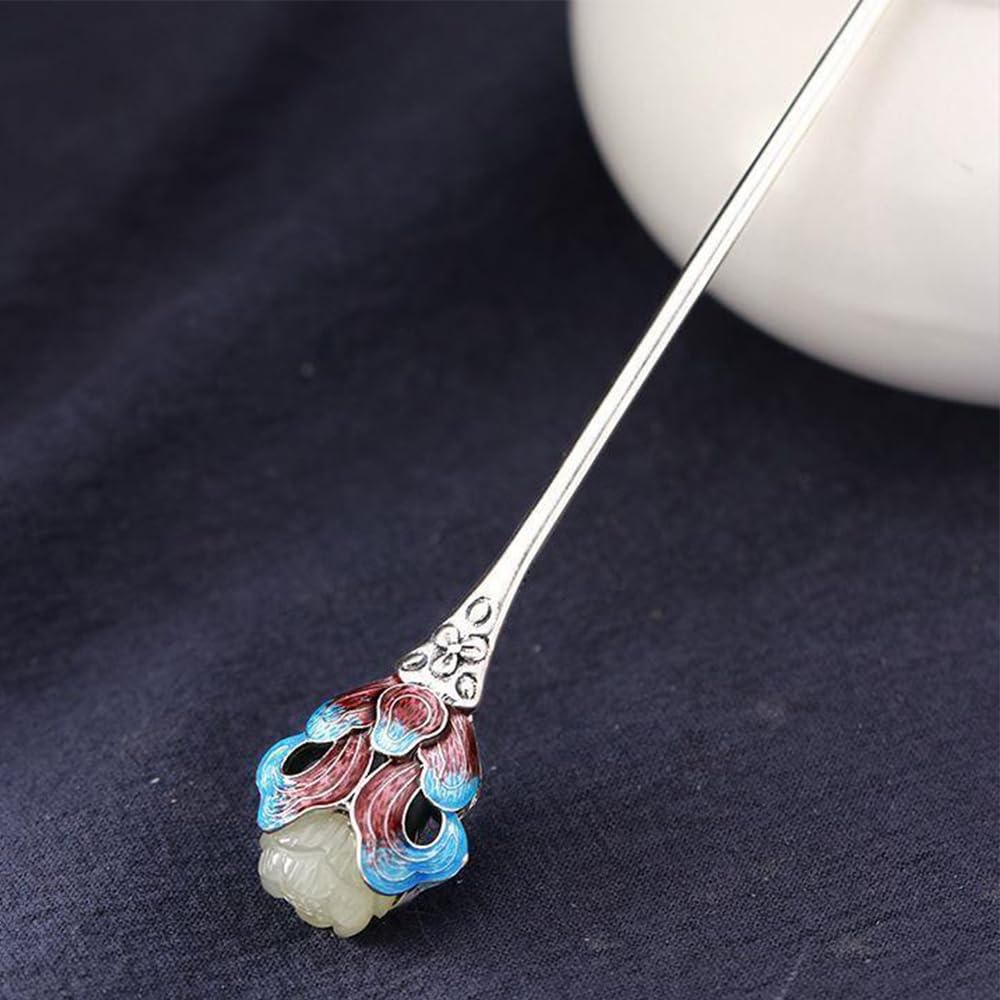 S925 Silver Hairpin Hair Fork Stick Chinese Style Wooden Hair Accessories with Handmade Retro Clip for Women Girls Long Hair (Blue style)