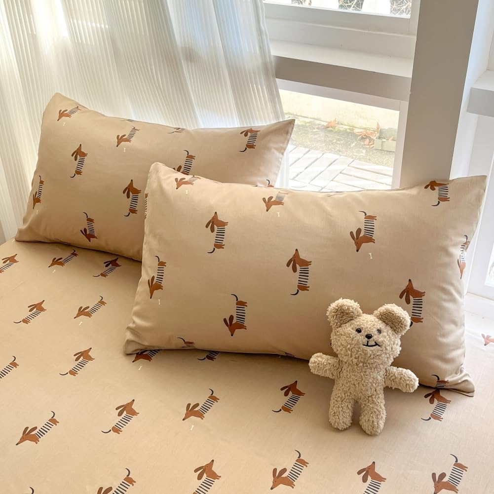 LIWHENHAO Dachshund Duvet Cover Set Twin 100% Cotton Bedding Cartoon Red Cute Dog Puppy on Brown 1 Kawaii Animal Pet Comforter Cover Zipper Closure 2 Pillowcases for Kids Girls Boys
