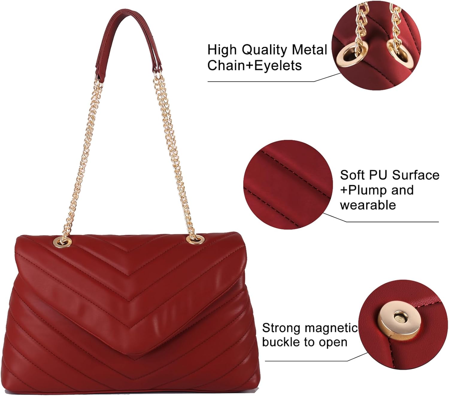 Quilted Crossbody Bag for Women, Soft Vegan Chevron Purses, Trendy Shoulder Handbags with Flap (Burgundy) - Image 5