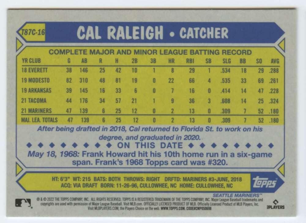 2022 Topps Series 1 Baseball Silver Pack Chrome 1987 Mojo Refractor #T87C-16 Cal Raleigh RC Rookie Seattle Mariners Official MLB Trading Card (Stock Photo Shown, card is straight from pack and box in Near Mint to Mint Condition)