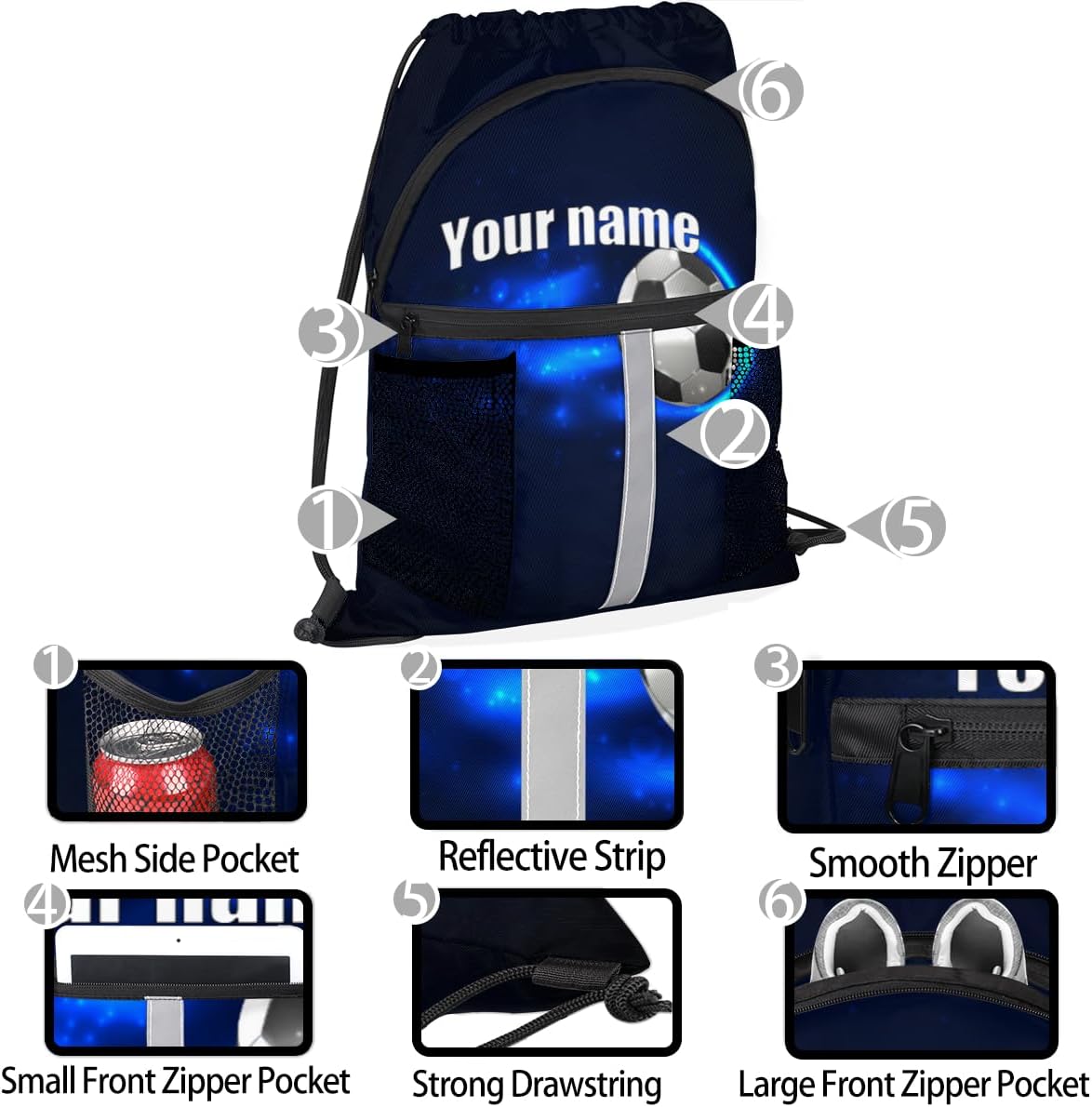 Personalized Drawstring Backpack Soccer Ball String Backpack Lightweight Cinch Sacks Backpack with Shoe Compartment Men Women Custom Gift Bag for Camping Beach Swim Yoga