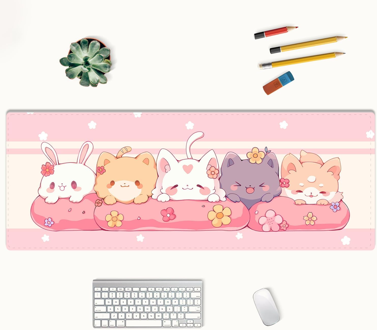 Kawaii Mouse Pad Cute Mouse Pad Pink and Green Anime Cute Desk Pad Laptop Keyboard Mouse Pad Desktop Pad Large 31.5 x 11.8 inch Stitched Edge Non Slip Rubber Base Office Girl Home Decor