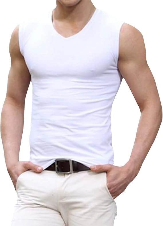 Pishon Men's Sleeveless Tee Shirts Casual V-Neck/Crew Neck Fitted Muscle T-Shirt, White V Neck 