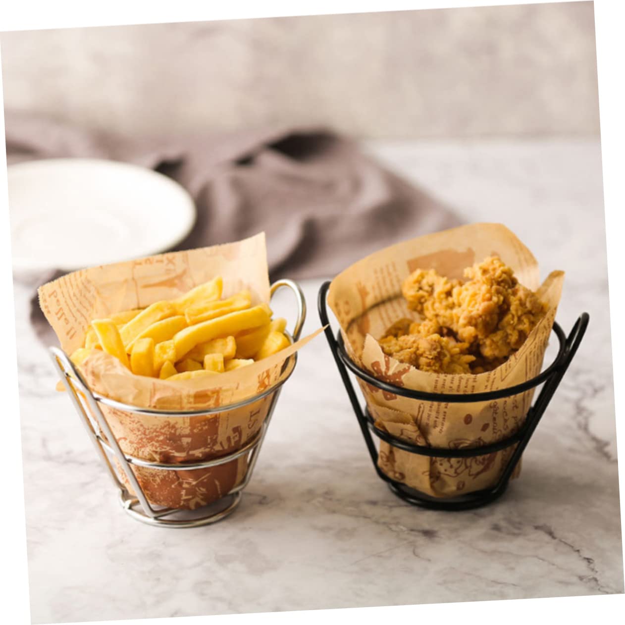 BRIGHTFUFU 2 Pcs Stainless Steel Basket Fry Holder French Fry Stand Holder Snacks Cone Stand Restaurant Supplies