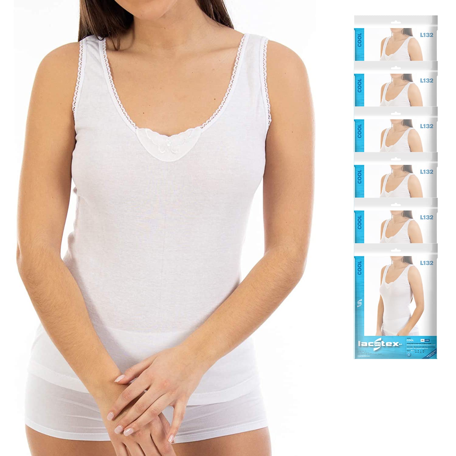 Lacotex Camiseta Interior Punto Inglés Liso de Mujer | Camiseta De Tirante Ancho y Bordado en el Pico | Confort y Suavidad | Pack Ahorro 3 Unidades | Talla XL LCT132