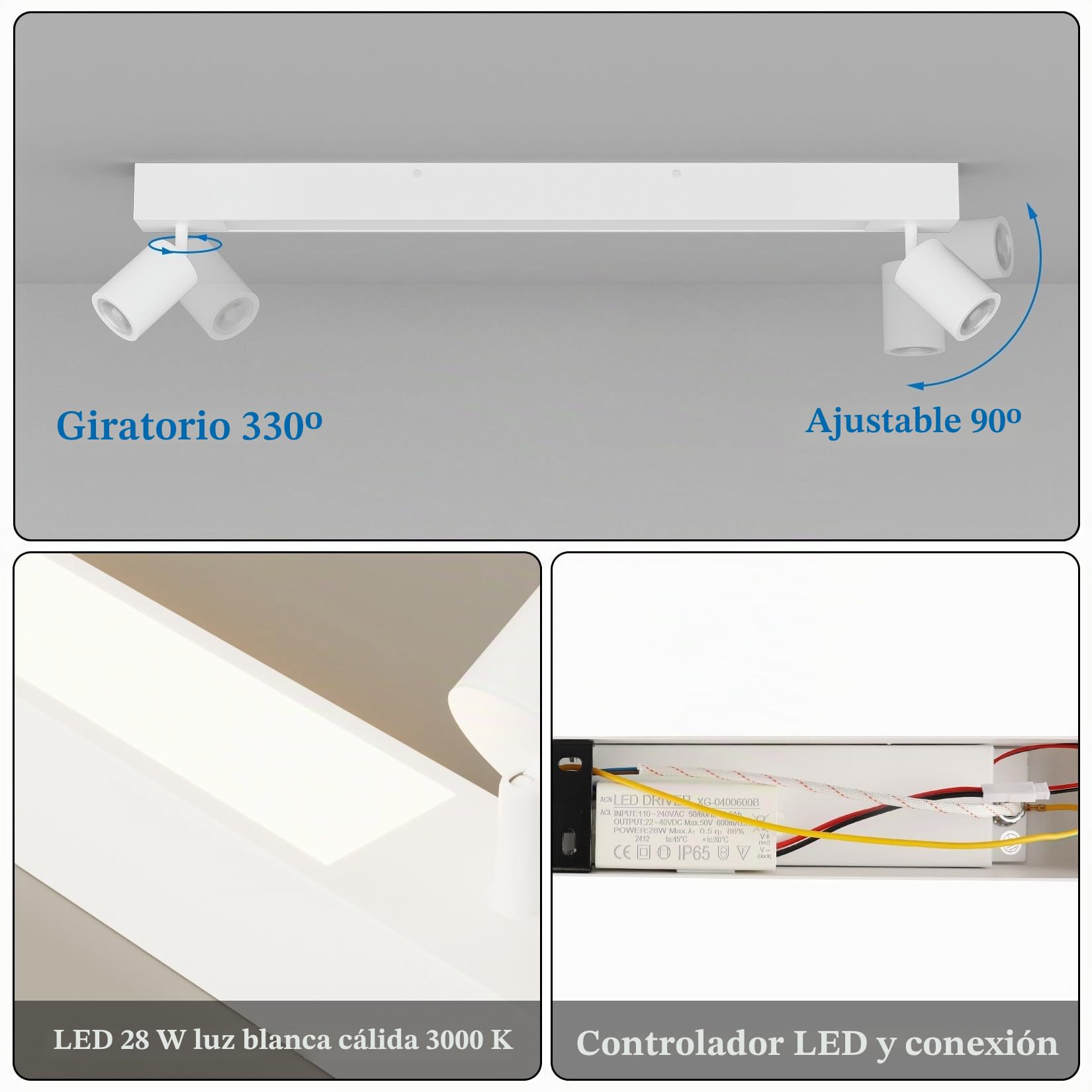 Klighten Lampara Techo con 2 Focos, 28W 2070 Lumen LED + 2 GU10 Casquillo, Focos de Techo Ajustables Moderno, Plafón Focos para Salon, Dormitorio, Cocina, Biacno, Bombilla GU10 no Incluida