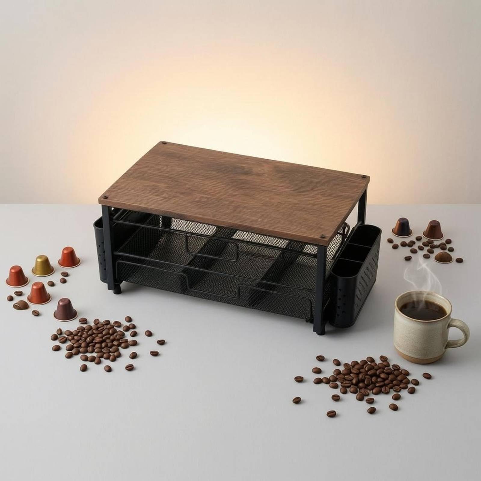 3-stufiges Kapselregal Desktop Kaffeekapselregal Kaffeezubehör Arbeitsplattenaufbewahrung, Schwarz, Mit Kunststoffseitenkorb