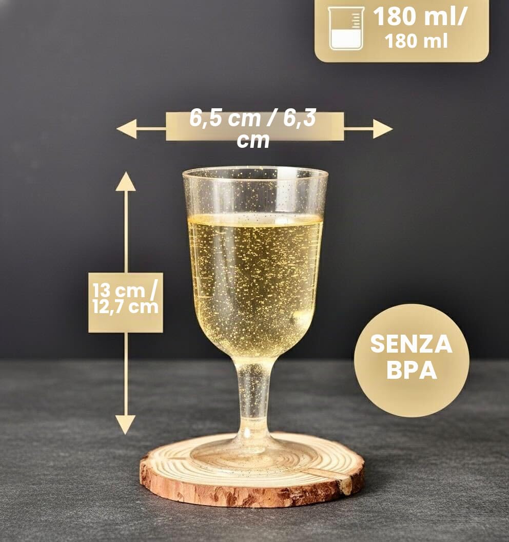 Matana 50 Eleganti Bicchieri da Vino in Plastica Rigida Trasparente con Glitter Dorati, 180ml - Resistenti e Riutilizzabili - Calici in Plastica per Vino per Compleanni, Matrimoni, Natale, Feste