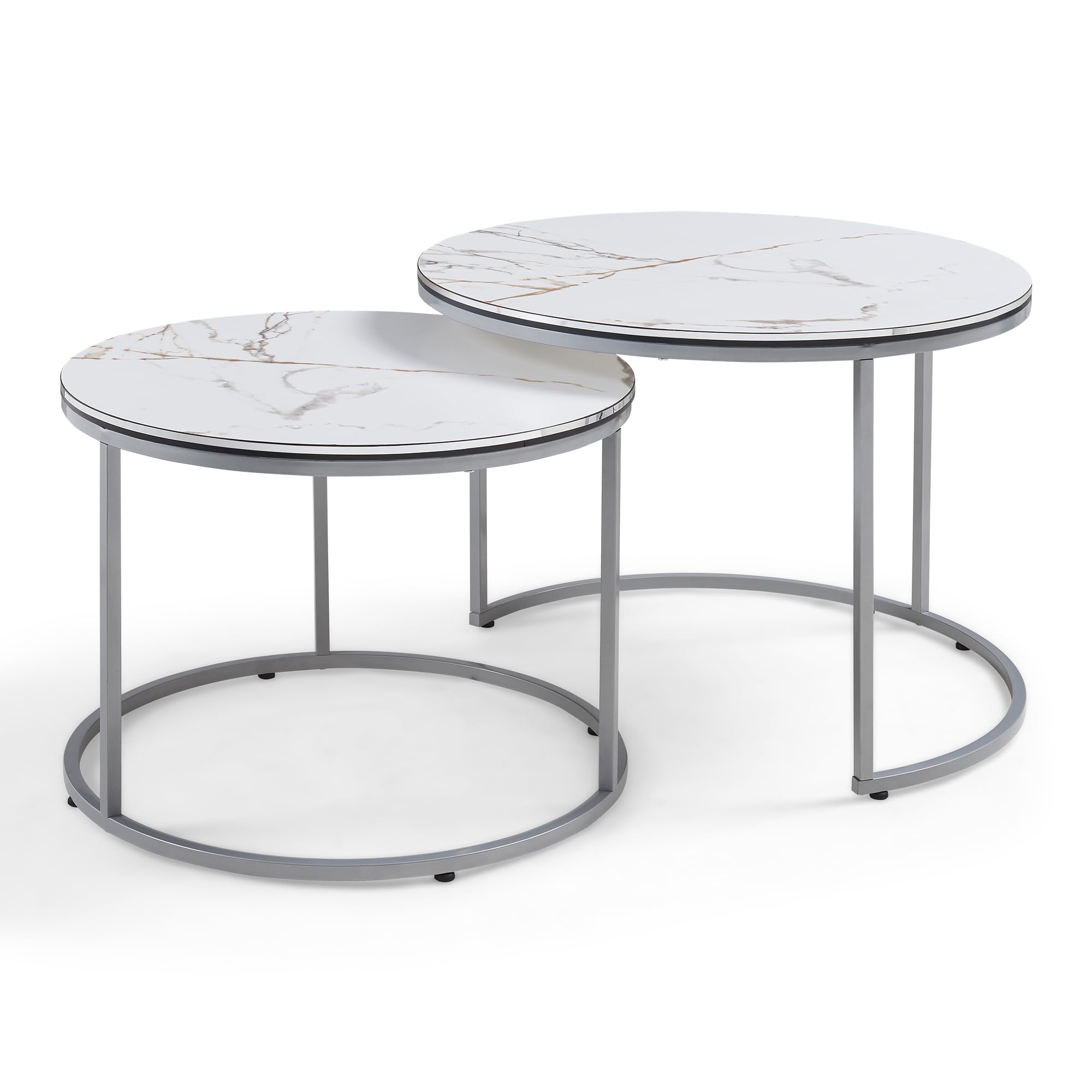 [en.casa] Set di 2 Tavolini da Salotto Sovrapponibili con Piano Rotondo in Truciolare e Telaio in Metallo Tavoli Bassi Salvaspazio - Effetto Marmo Bianco/Argentato