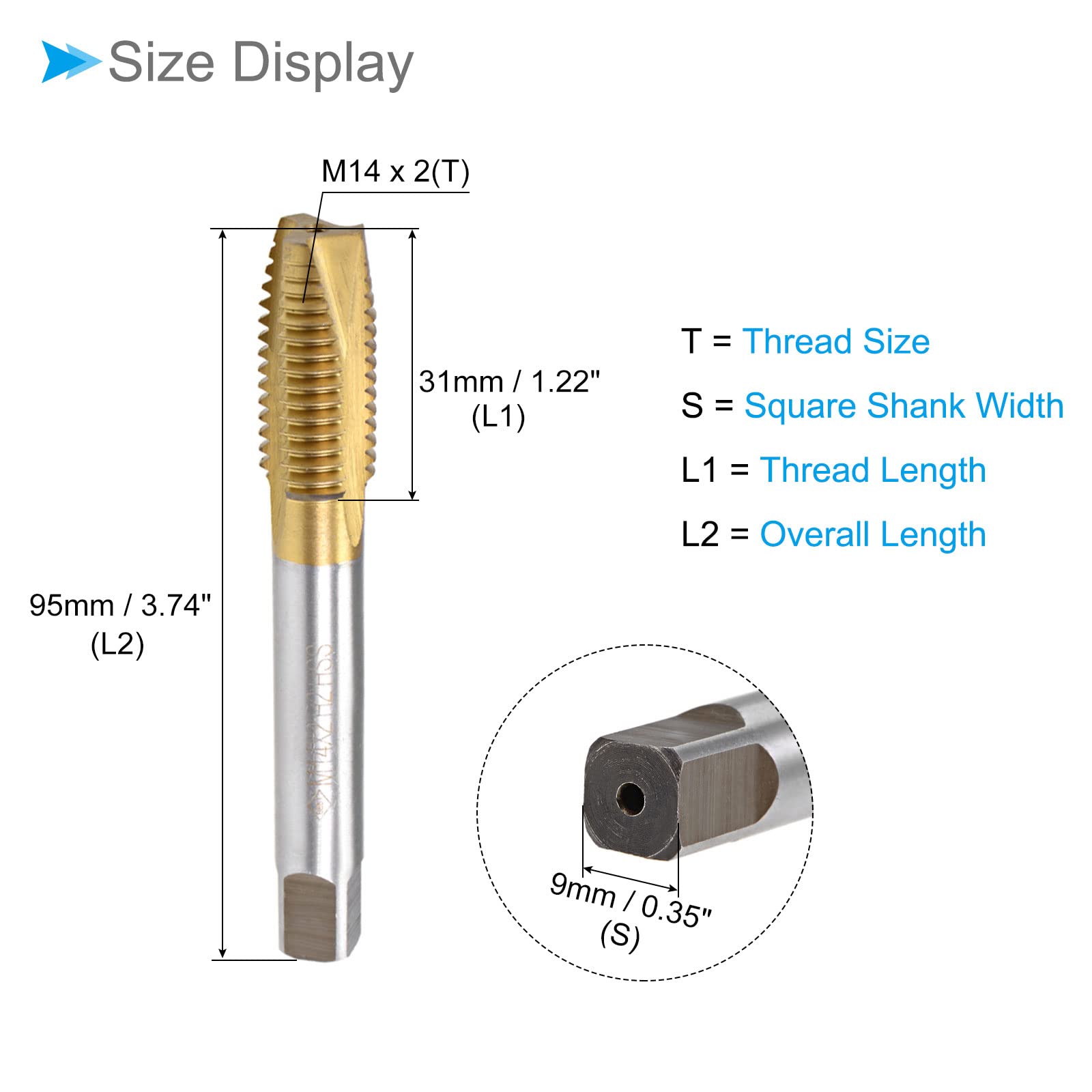 Spirale Punta Maschi, Metrico M14 x 2 Filo, Titanio Rivestito Alta Velocità Acciaio 6542 Vite Fresatura Foratura Maschio per Perforazione Macchina, 1-Pezzo