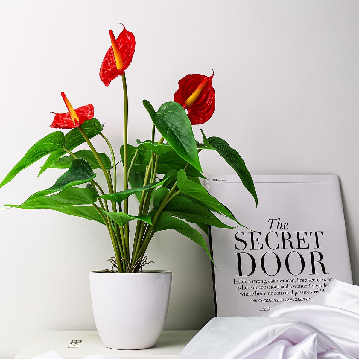 Folmywy Artificial Flower Plants Anthurium 15 Inch Small Faux Tropical Flowers Red Fake Potted Plant with Pot Bonsai for Home Living Room Bathroom Office Indoor Outdoor Occasions Decor - Image 5