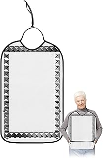 Adult Bibs for Elderly Women - Black Geometric Waterproof Dining Clothing Protectors with Crumb Catcher for Eating/Feeding, Greek Key Design Traditional Retro Terry Cloth Bib Machine Washable