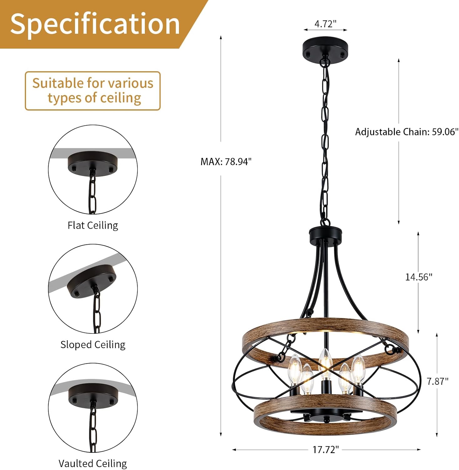 5-light farmhouse chandelier, rustic drum dining room light fixture, 17.72" vintage wood chandelier, wood texture adjustable pendant light, industrial hanging lights for kitchen entryway