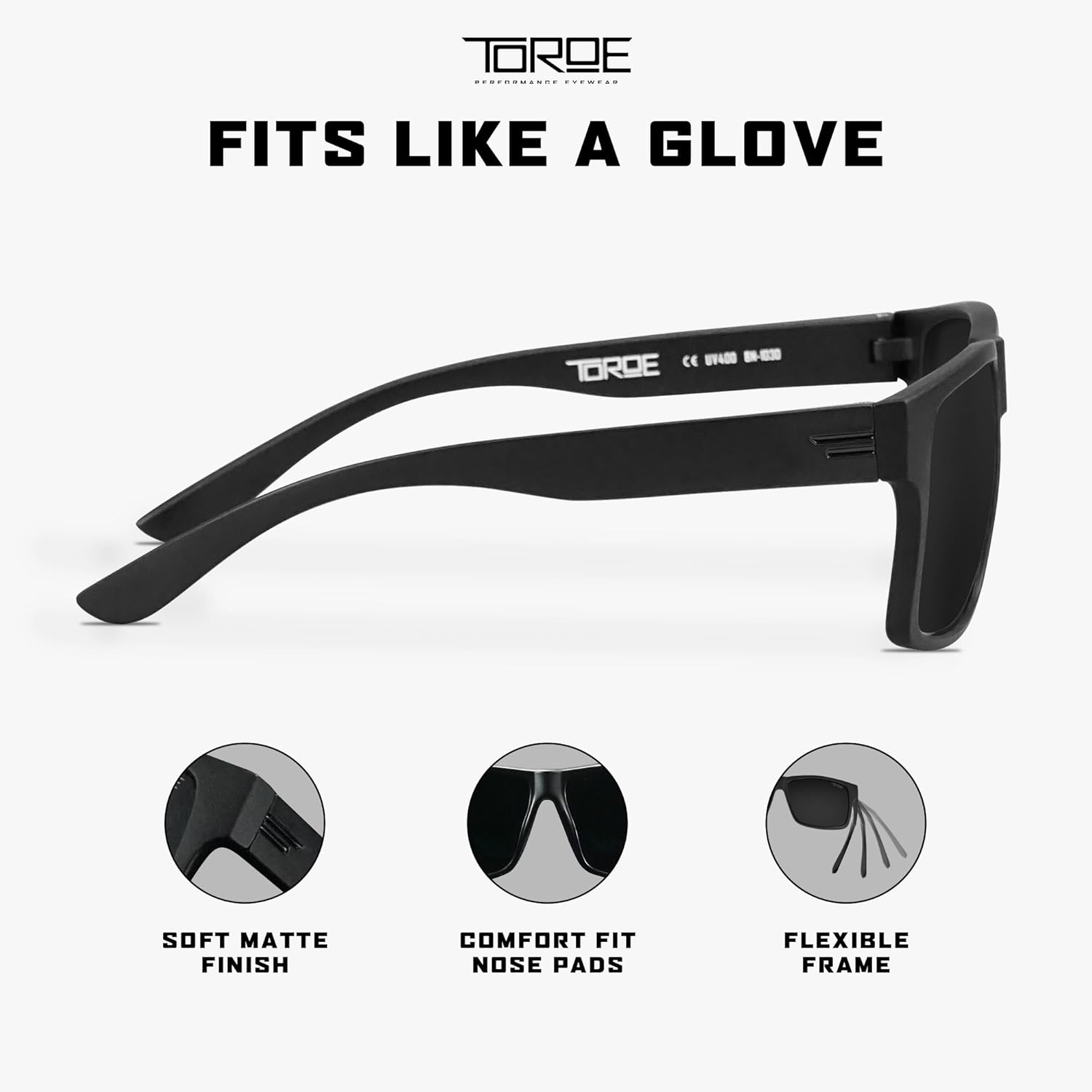 TOROE TR90 Square Frame Grade A Polarized Black Emblem Sunglasses with Anti Reflective Water Repellent Polycarbonate Lenses