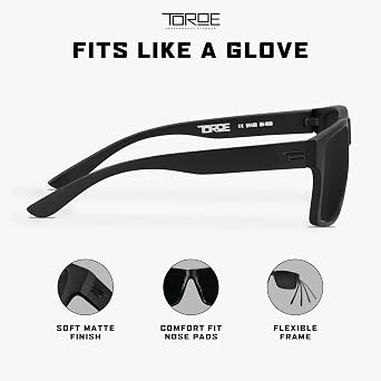 TOROE TR90 Square Frame Grade A Polarized Black Emblem Sunglasses with Anti-Reflective Water Repellent Polycarbonate Lenses, Matte Black Frame., One Size, Matte Black Frame, Free size