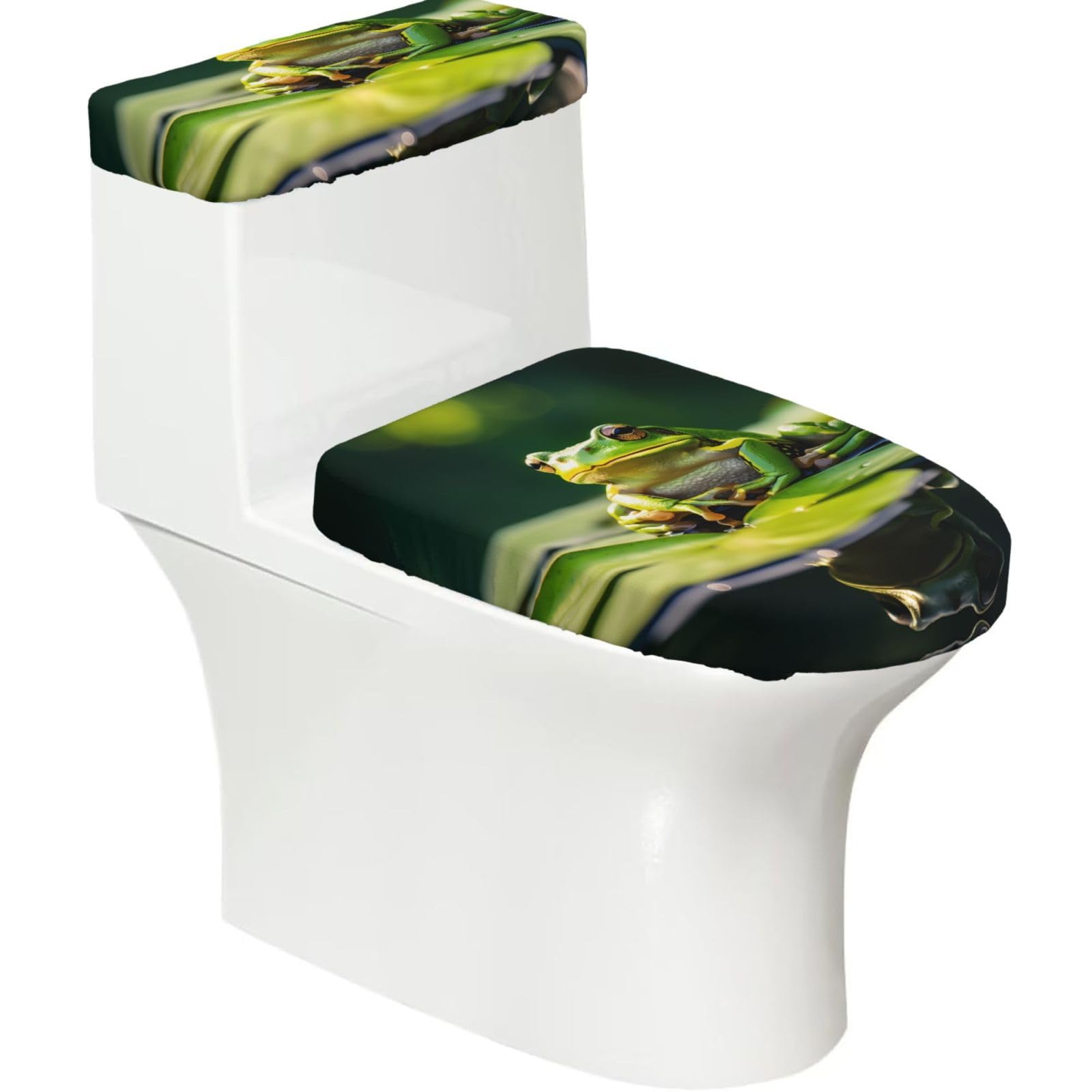 Frogs 2-Piece Toilet Seat Cover Set with Tank Lid - Elastic for U-Shape & Elongated - Bathroom Decor
