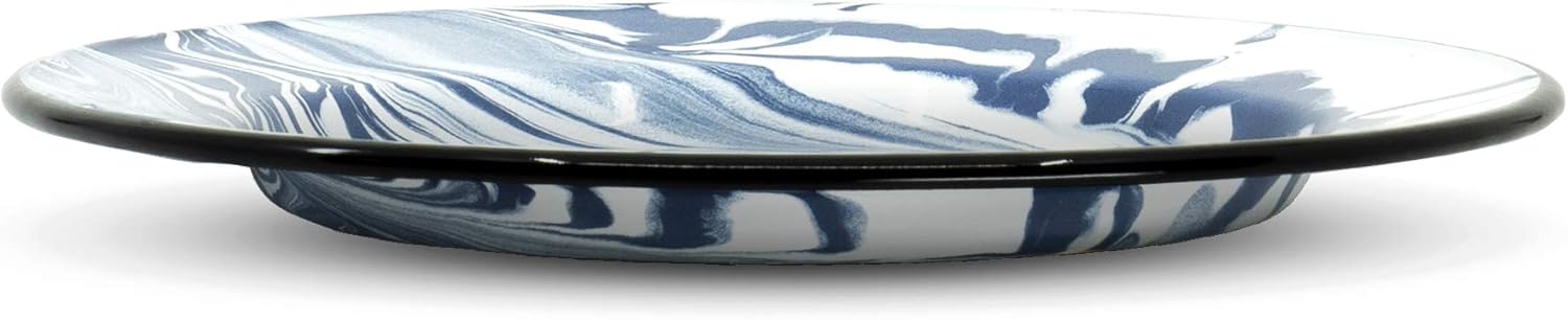 Red Co. Set of 4 Enamelware Metal Classic 10 inch Round Dinner Plate, Navy Blue/Black Rim - Swirl Design
