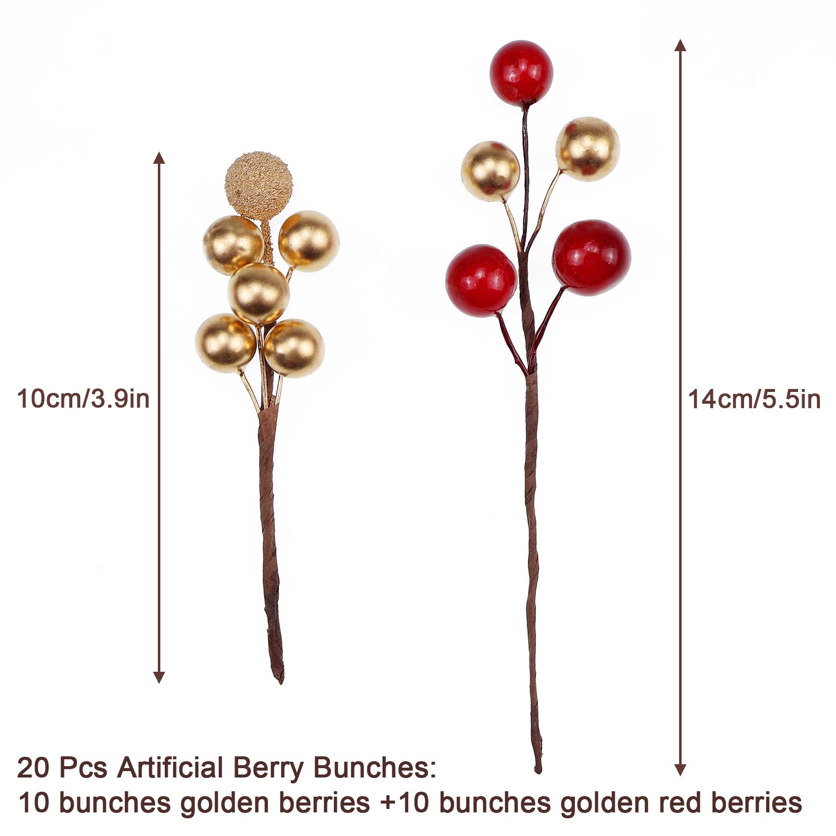 Lorigun 20 Pcs Artificial Berries, Artificial Holly Berry Picks Decorations Christmas Tree, Christmas Berry Stems for Craft DIY Door Wreath Gold Red Fake Berry Branches Decor Home