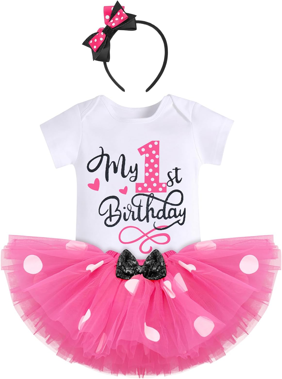 Baby Girls One 1st 2nd 3rd Birthday Outfit Polka Dots Romper Tutu Dress Headband Princess Skirt Set Photo Shoot