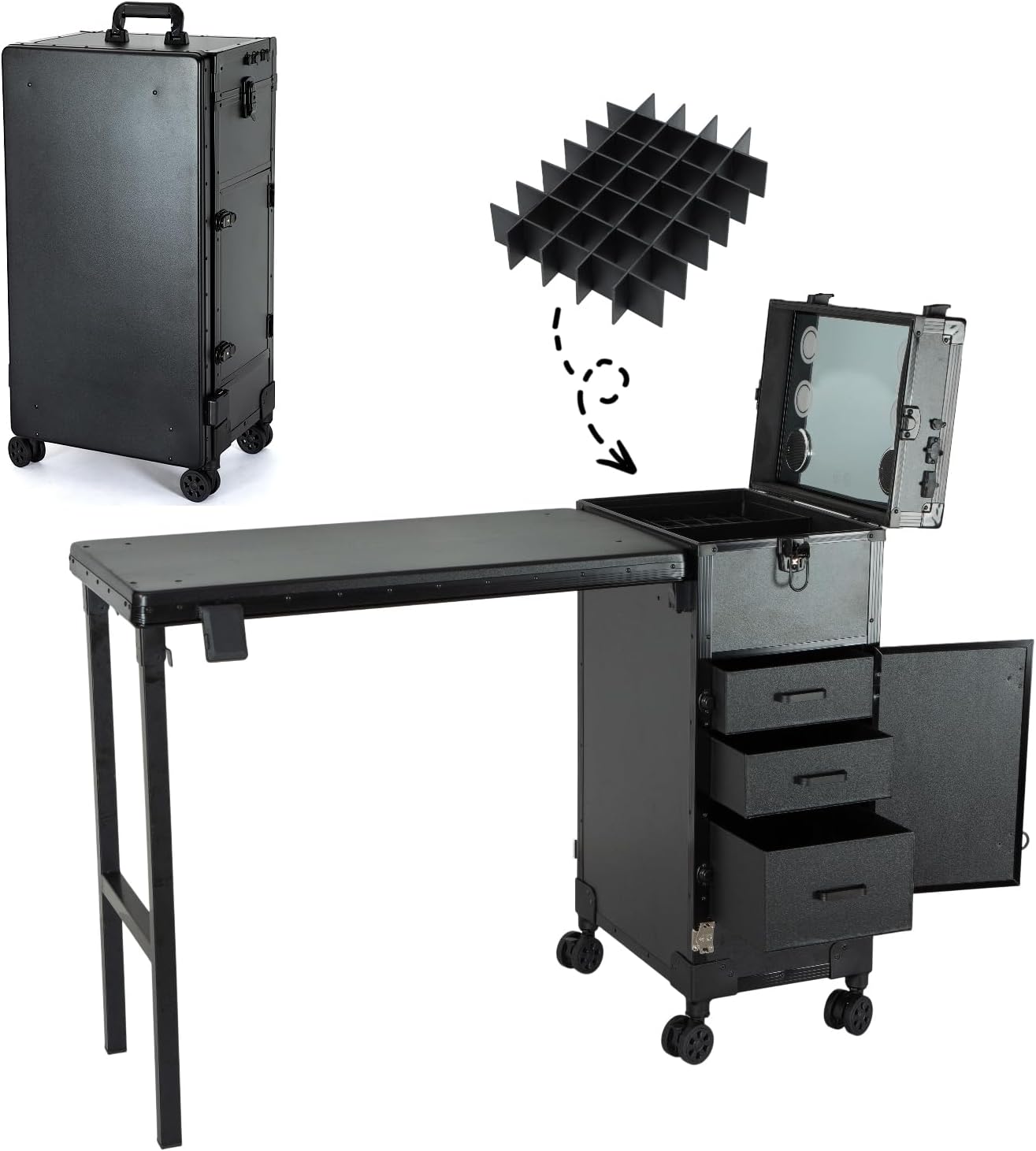 Foldable Makeup and Nail Styling Station with Wheels, LED Mirror, Bluetooth Speaker and Storage Compartments, Black Foldable Makeup and Nail Styling Station with Wheels, LED Mirror, Bluetooth Speaker and Storage Compartments, Black