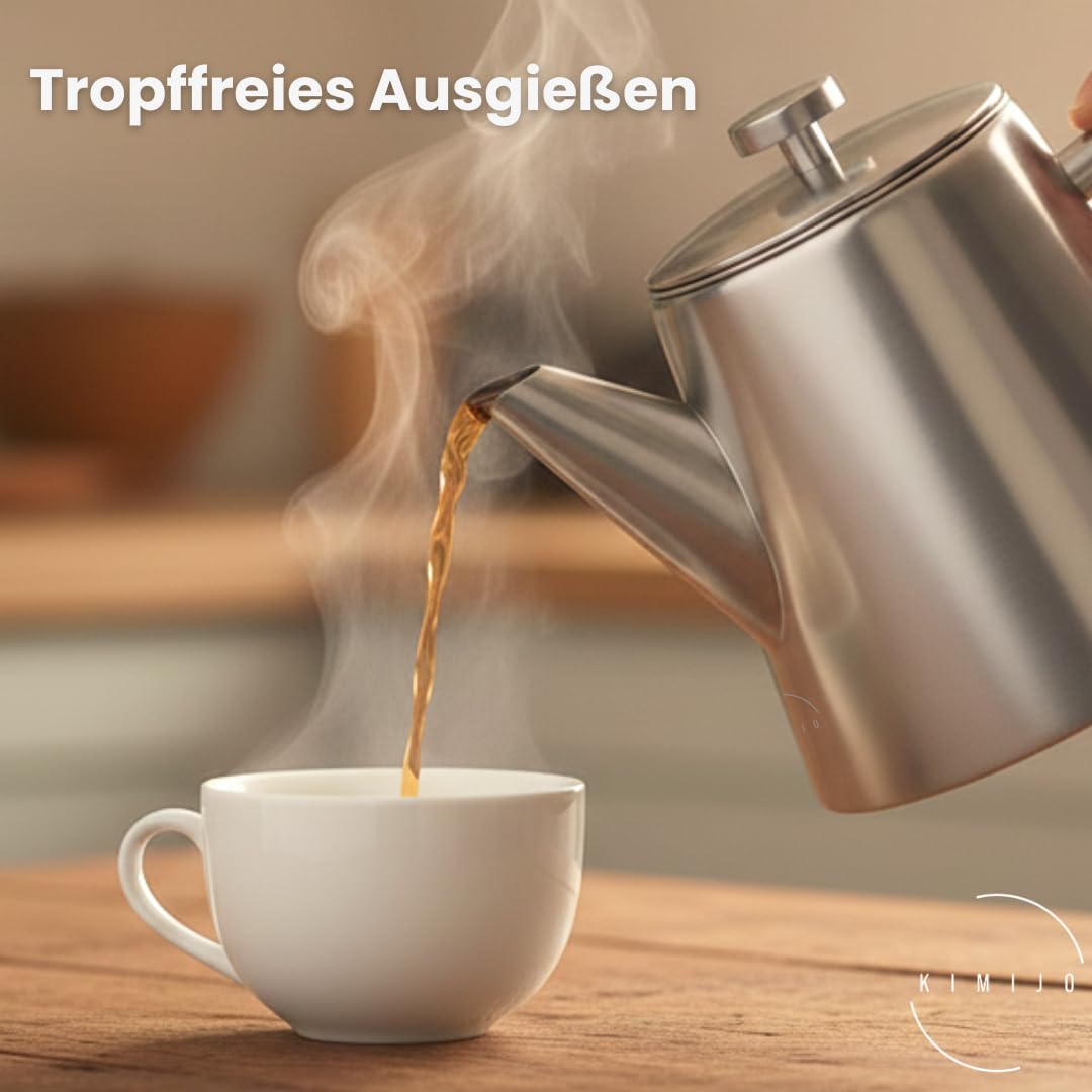 Teekanne mit Siebeinsatz 1 Liter I Edelstahl gebürstet I Warmhalte-Funktion I incl. Korkuntersetzer I Hochwertiger Teebereiter Doppelwandig I Perfekt für losen Tee, Ingwer & Kräuteraufgüsse