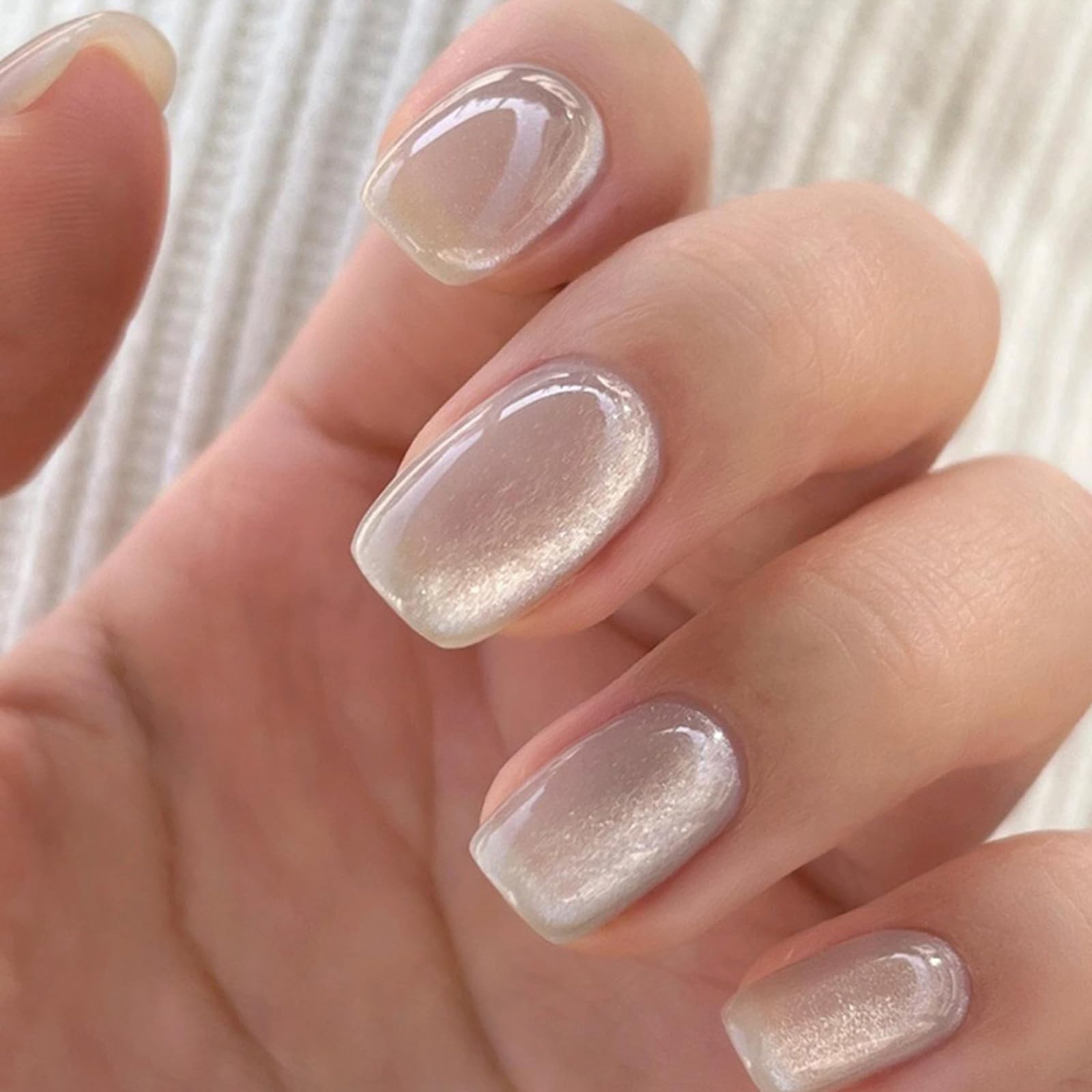 CUZIAM Nude Cat Eye Press on Nails Short Square, Magnetic Gel Glossy Glitter Nail Tips, Full Cover Glue on Nails, Reusable Natural Acrylic False Fake