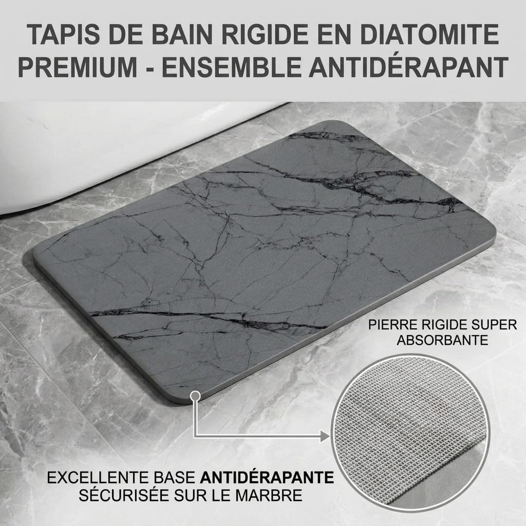 Tappetino da Bagno in Pietra Dura di Diatomite 60x40 cm, Tappetino in Pietra ad Asciugatura Rapida, Super Assorbente, Facile da Pulire, Antiscivolo, per Bagno e Cucina