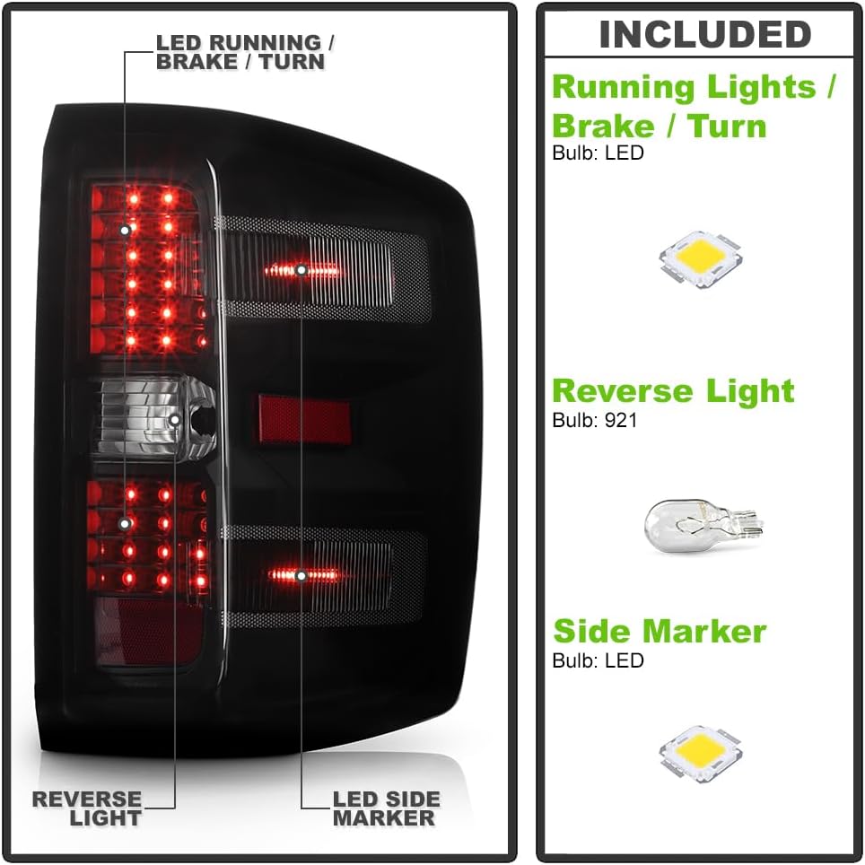 ACANII - For [Non-LED Model Only] 2014-2018 Chevy Silverado 1500 2500 3500 Black Smoked LED Tail Lights Lamps Left+Right