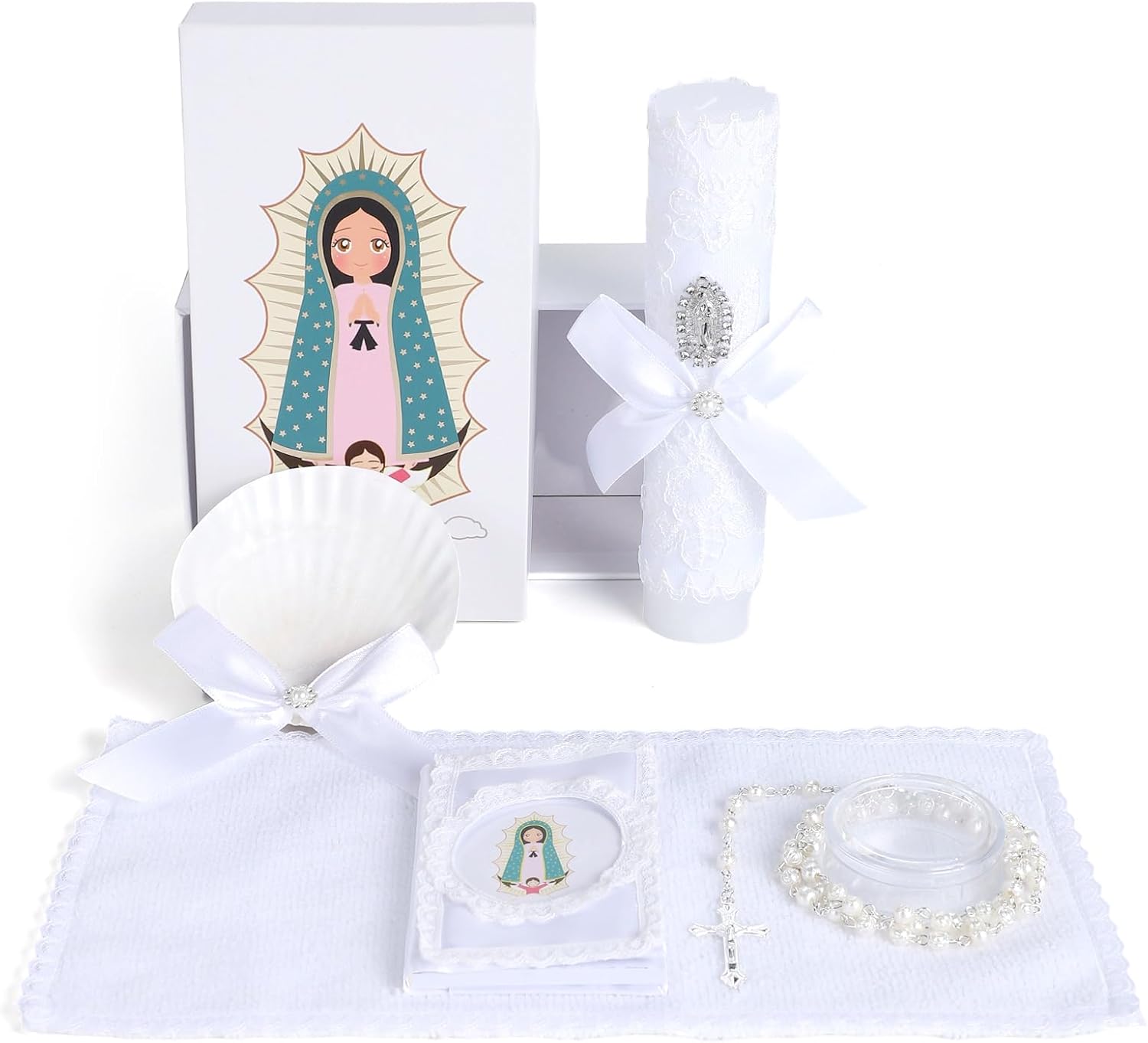 Baptism Candle Set for Boys and Girls,5 PCS Baptism Kit Virgen De Guadalupe Catholic Candle,Towel,Shell,Rosary,Bible for Baptismal Christening First Communion Gifts,Velas para Bautizo De Niño Niña