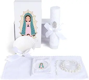 Baptism Candle Set for Boys and Girls, 5 Pieces Catholic Baptism Kit with Virgen De Guadalupe Rosary, Bible, Towel, Shell, and Gift Box