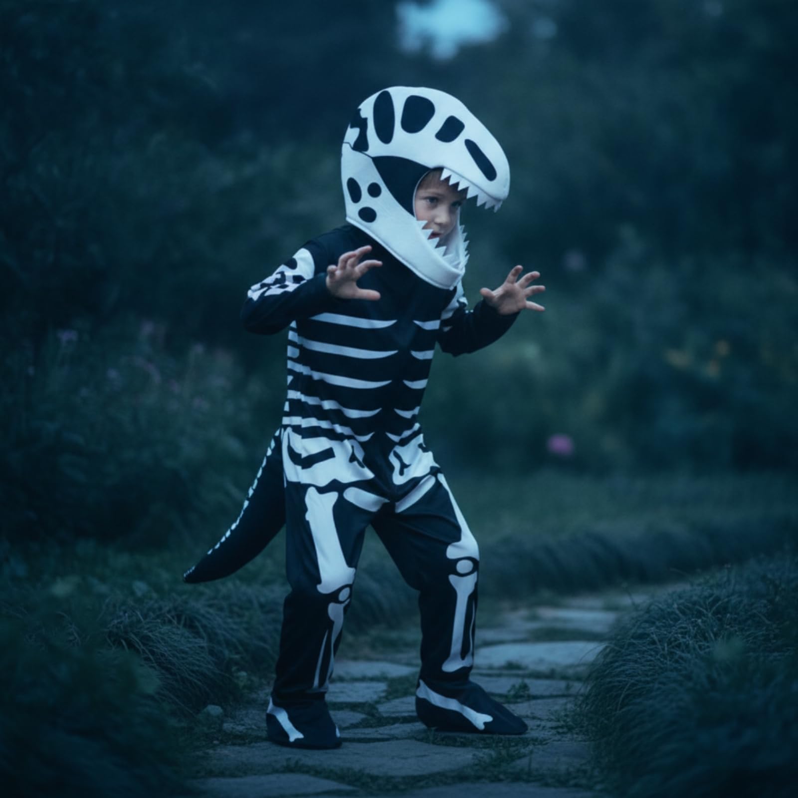 Costume da Scheletro di Dinosauro Divertente Costume da Dinosauro Scheletrico Traspirante Tuta Cosplay Scheletrica per Bambini