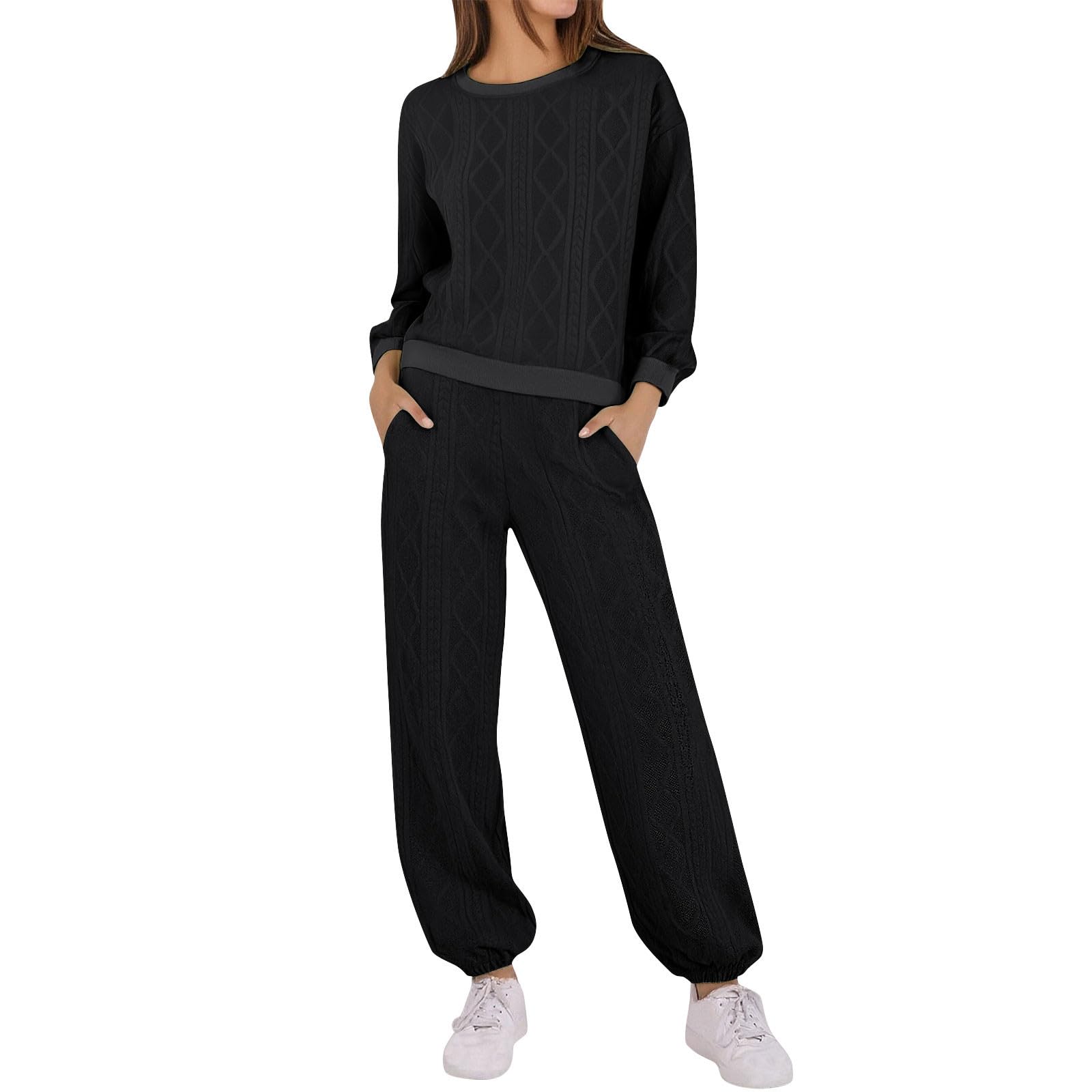 Conjunto de chándal para mujer, sudadera y pantalones deportivos de punto trenzado con cuello redondo y pantalones deportivos, ropa de descanso, ropa de gimnasio, entrenamiento, conjunto de 2 piezas