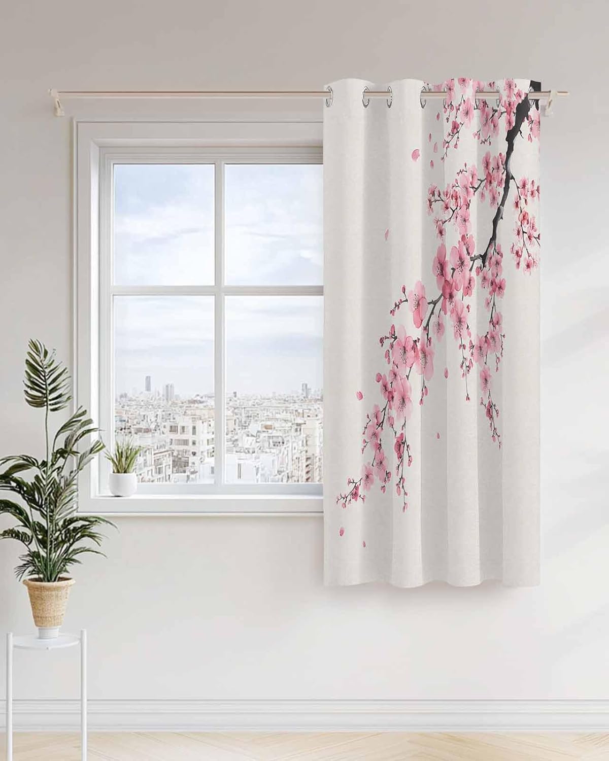 BEMIGO Country Cherry Blossoms Window Curtains 96 Inch Length Single Panel Curtains, Light Filtering Privacy Door Window Curtain with Grommets for Living Room Bedroom Bathroom Kitchen, Pink Flower