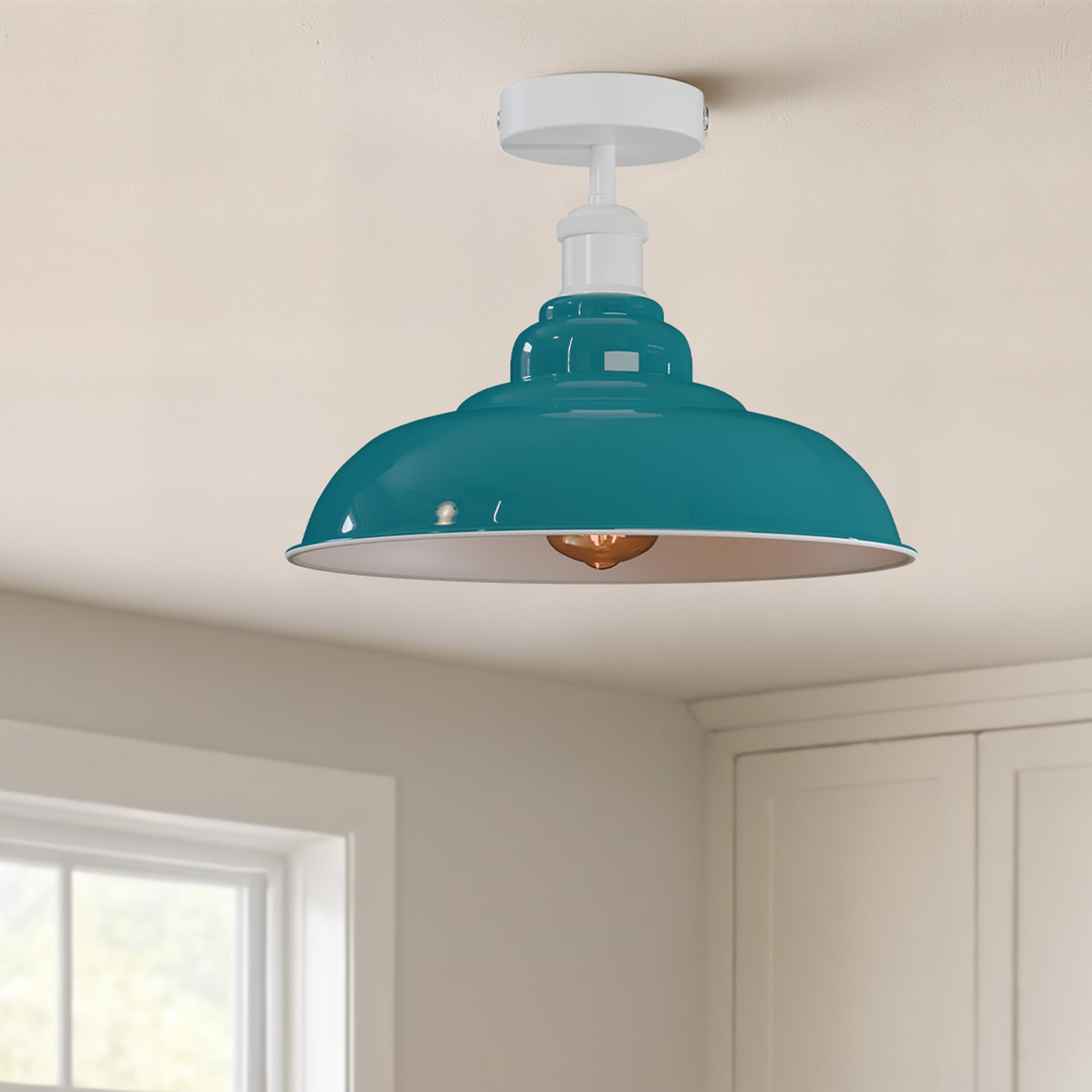 Dc Voltage Blue Vintage Flush Mount Ceiling Lighting With E27 Base 32Cm Cyan Lampshade Easy Fit Premium Quality Anti Rust Durable Metal For White Ceiling Light Fitting For Bedroom Kitchen Hallway Dining Room