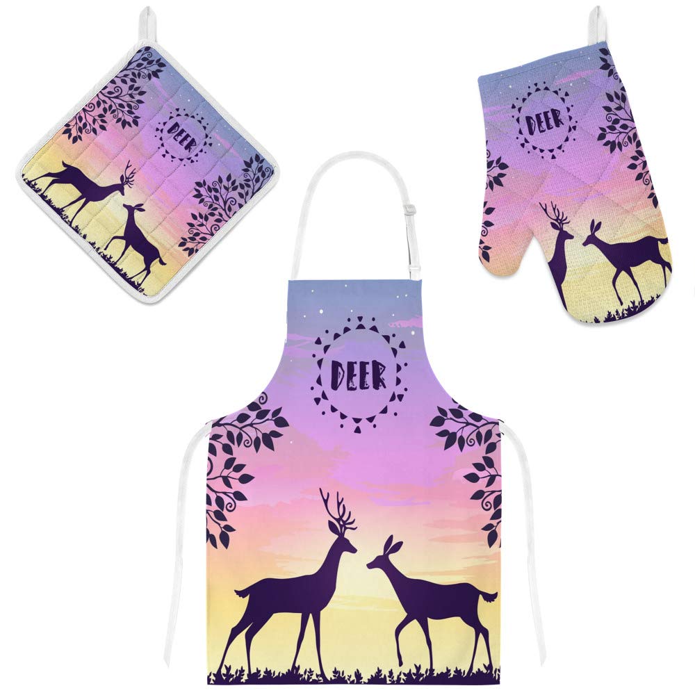 Tablier de cuisine cerfs au coucher du soleil et maniques pour cuisiner en famille