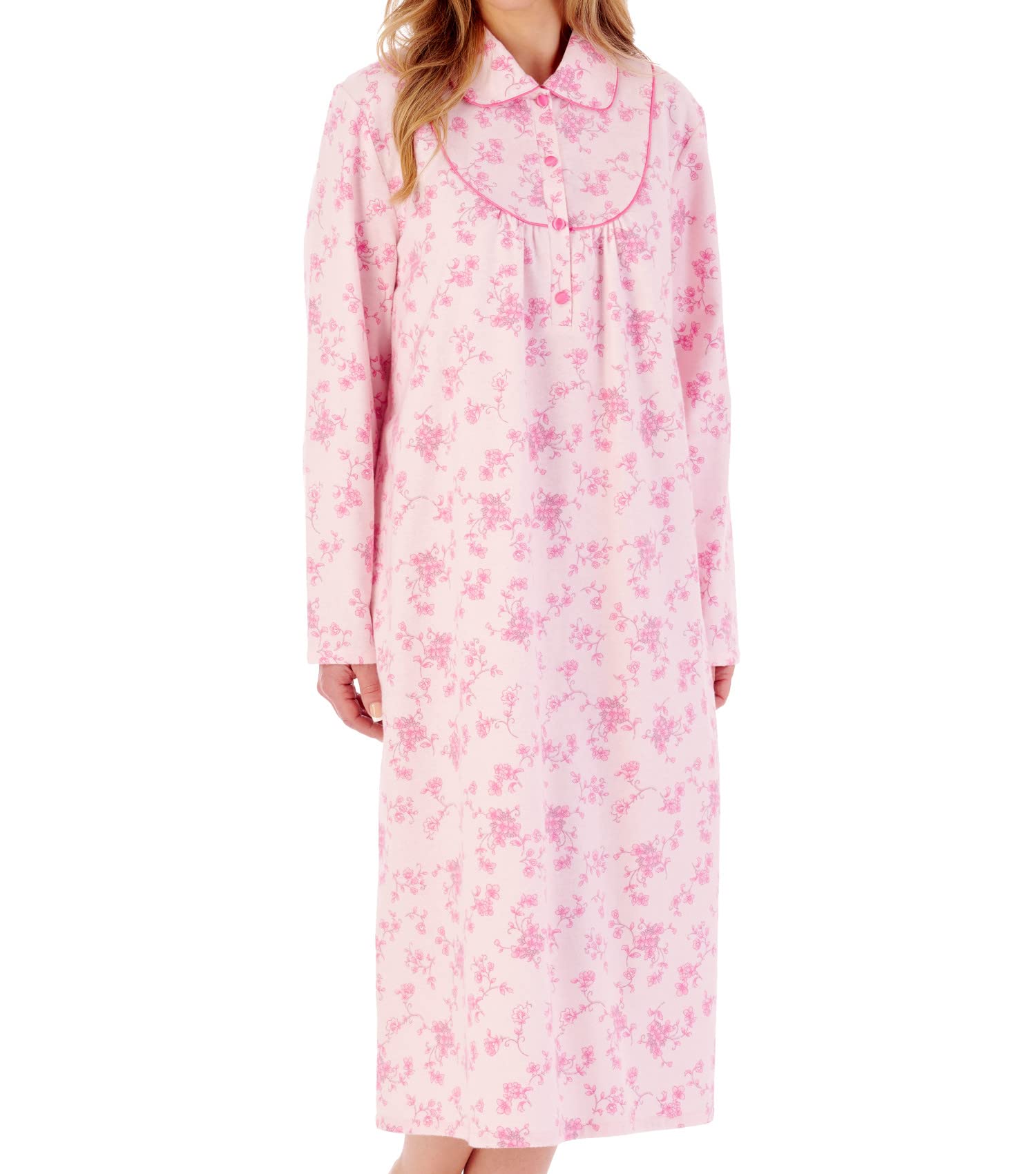 Slenderella Floral Brushed Cotton Buttoned Top Collar 45 inch Nightdress (24/26, Pink)