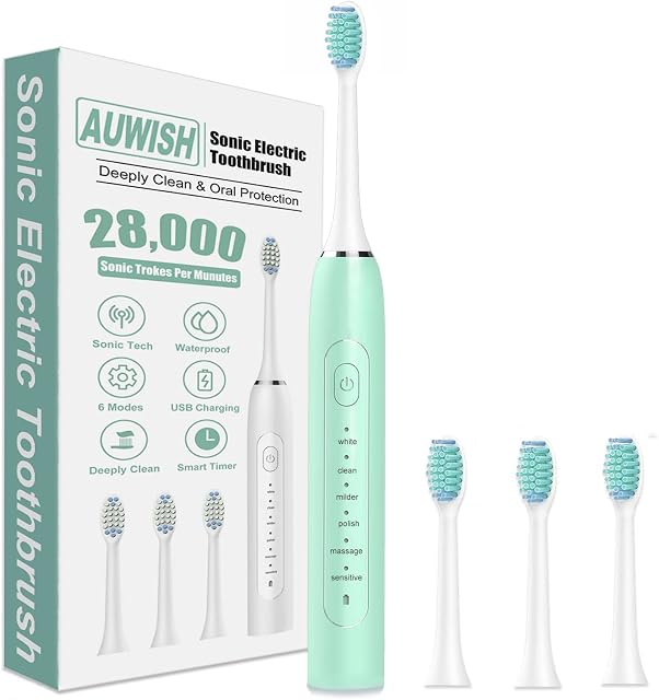 Sonic Electric Toothbrush for Adults and Kids, Rechargeable Kids Electric Toothbrush with Timer, 4 Toothbrushes Heads, 6 Mild Modes Power Toothbrush for Sensitive Teeth and Children(6Y+)