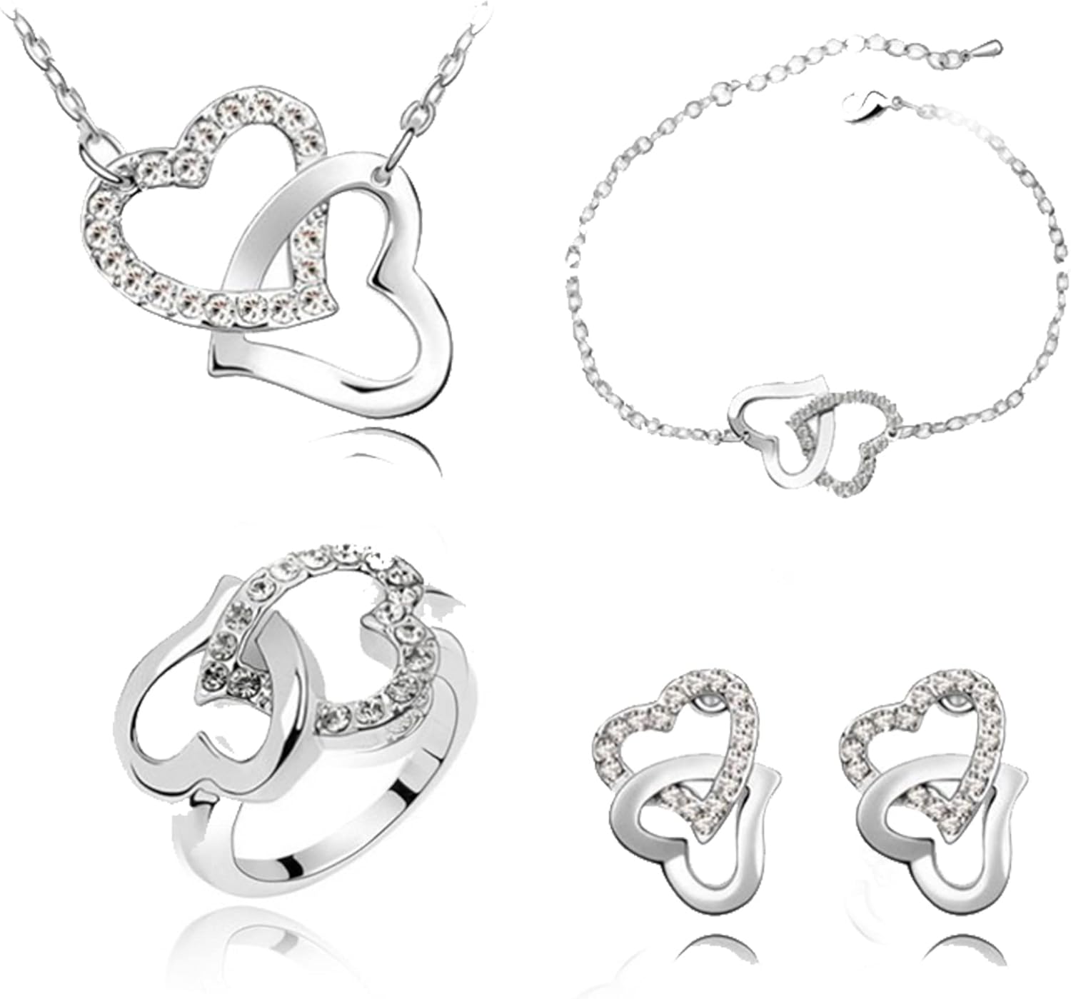 4Sets Heart Pendant, Necklace & Bracelet with CZ Stone Heart Stud Earrings for Women - Valentine's Day Jewelry Set for Women, Girls, Mothers & Birthdays