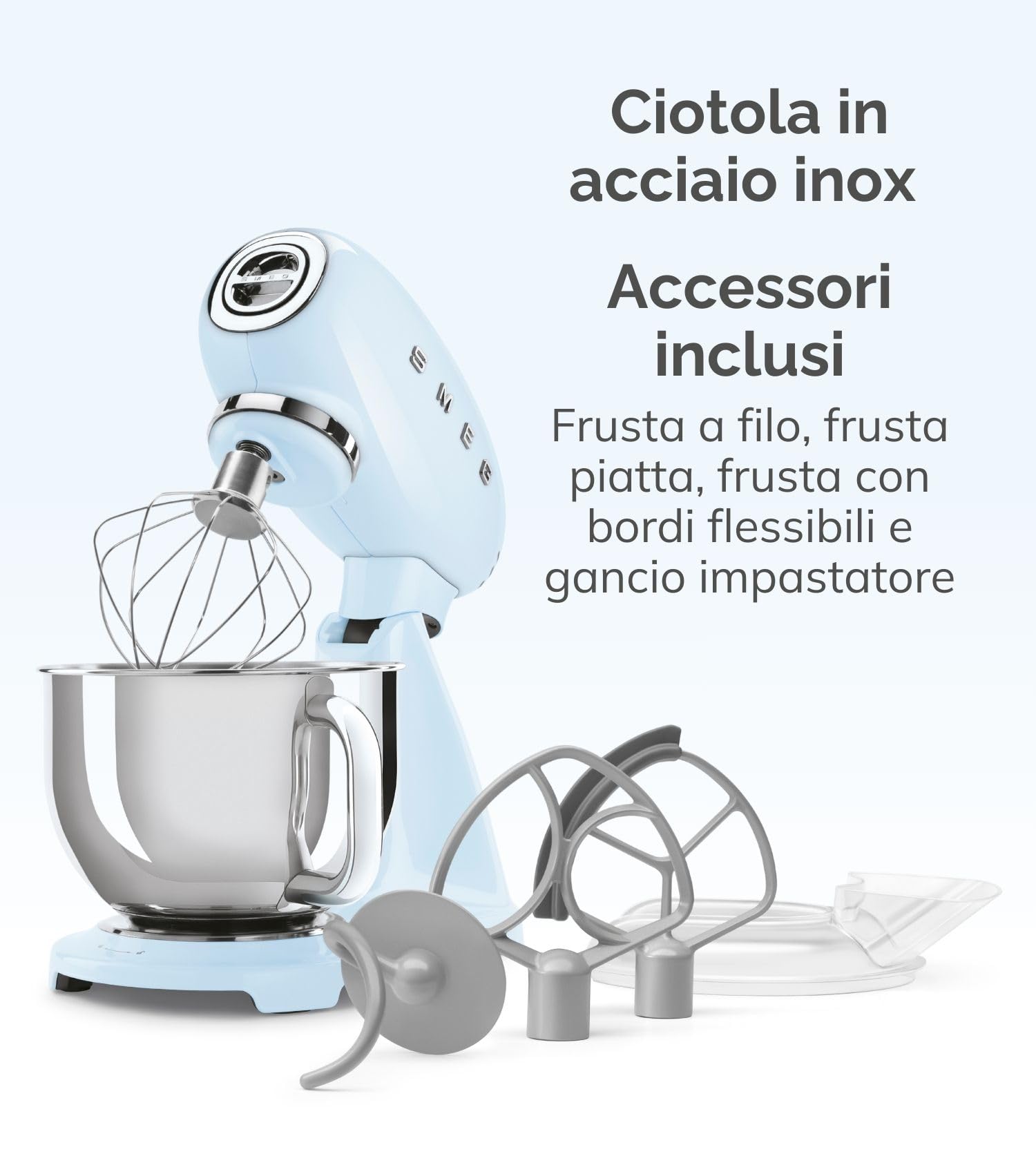 Smeg, Impastatrice Planetaria Full Color SMF05CREU, 10 Livelli di Velocità, Funzione Smooth Start e Steady Mix, Ciotola da 4,8 L, Blocco Motore, 3 Fruste e Gancio Impastatore, 800 W, Panna