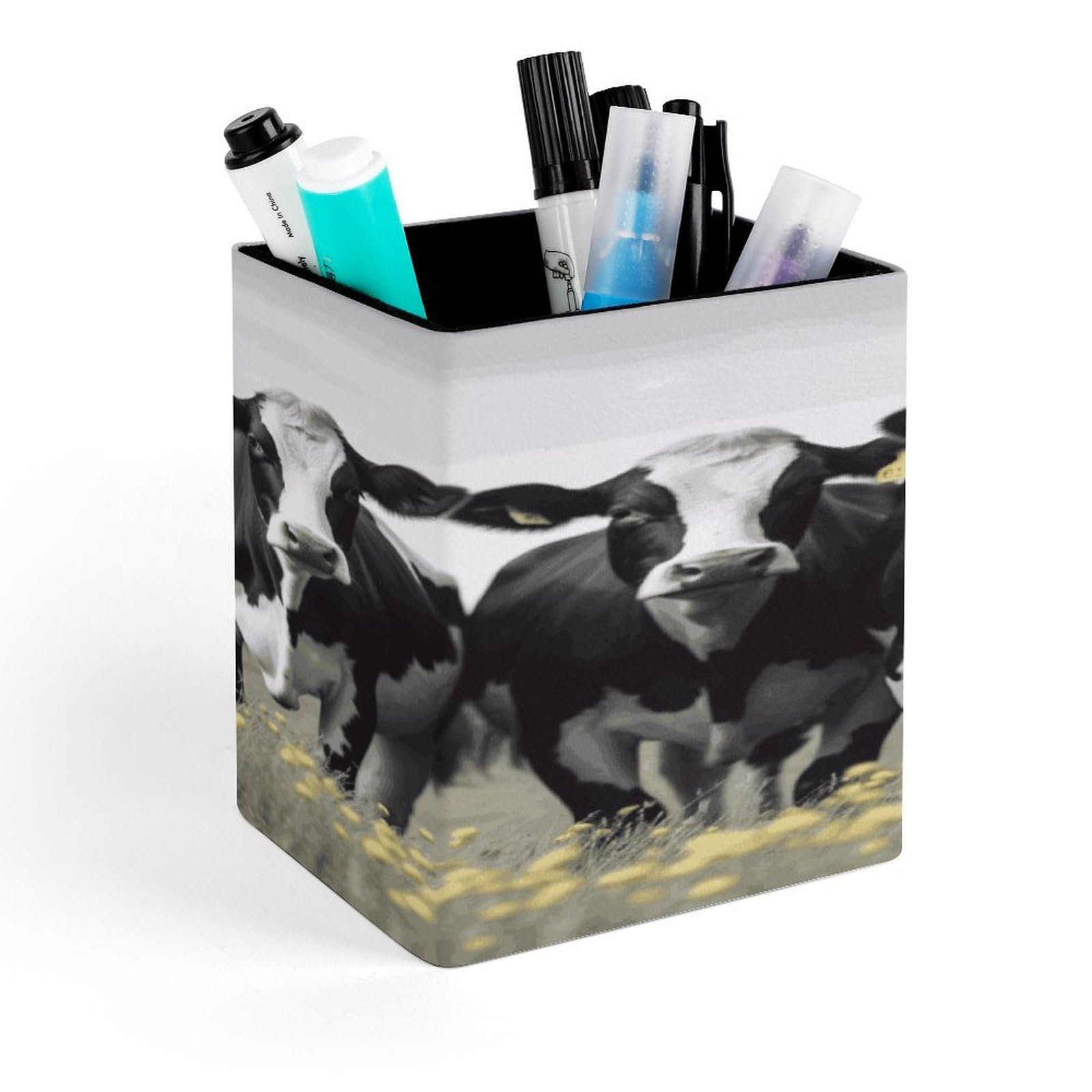 FekiLoot Black White Cows Pencil Holder for Desk Square Leather Pen Holder Cup Desktop Organizer Multi-Functional Pencil Cup Holders Modern Decorative Desk Organizer Caddy Makeup Brush Holders