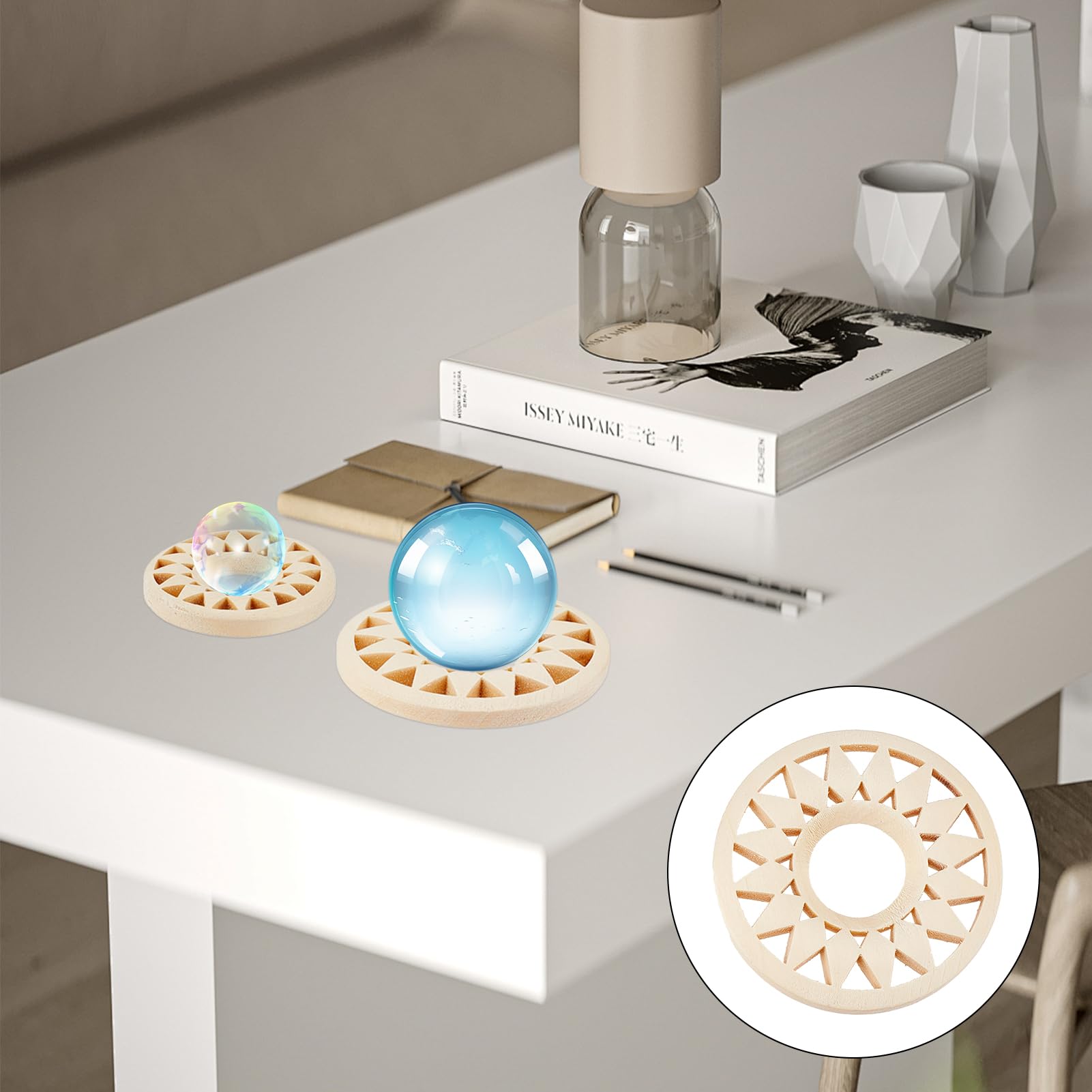 UNICRAFTAL - Soporte de bola de cristal de madera navajo esfera blanca flor piedra expositor soporte para huevos piedras preciosas decoración interior diámetro interior 12mm