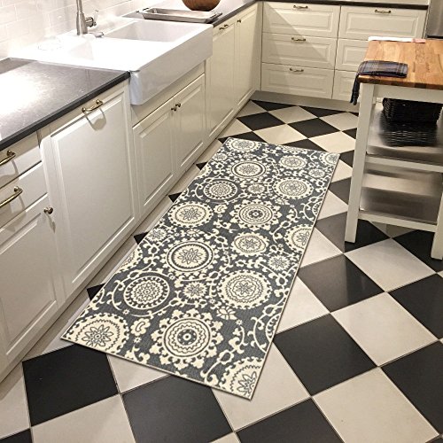 Rubber Backed 2'8" x 10' Floral Swirl Medallion Grey & Ivory Long Runner Non-Slip Rug - Rana Collection Kitchen Dining Living Hallway Bathroom Pet Entry Rugs RAN2033-310